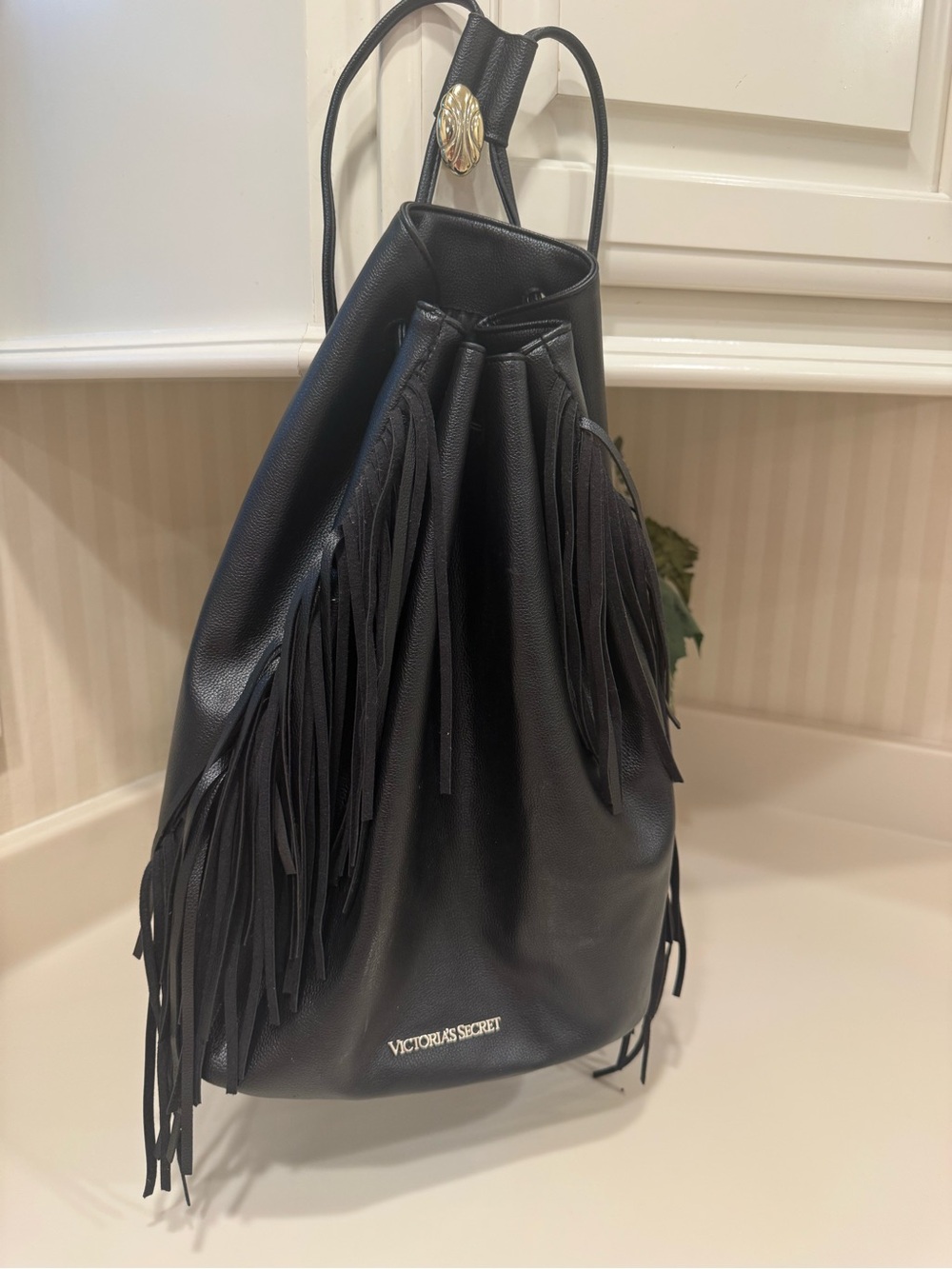 Victoria's Secret Black Faux Leather Fringe Drawstring Boho Bag - Picture 6 of 16